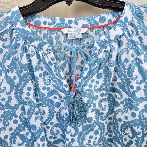 Boden Blue Paisley Gauzy Tunic Blouse Women US 4 Tassel Coastal Boho Peasant - Picture 2 of 8